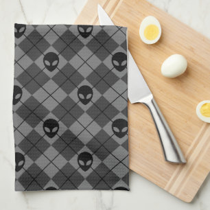 Black and Grey Alien Argyle Pattern Tea Towel
