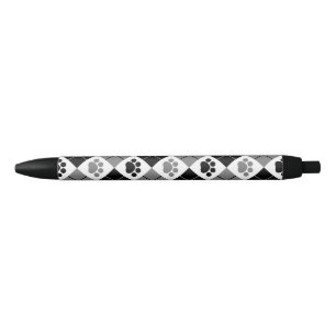 Black and Grey Argyle Paw Print Pattern Ink Pen