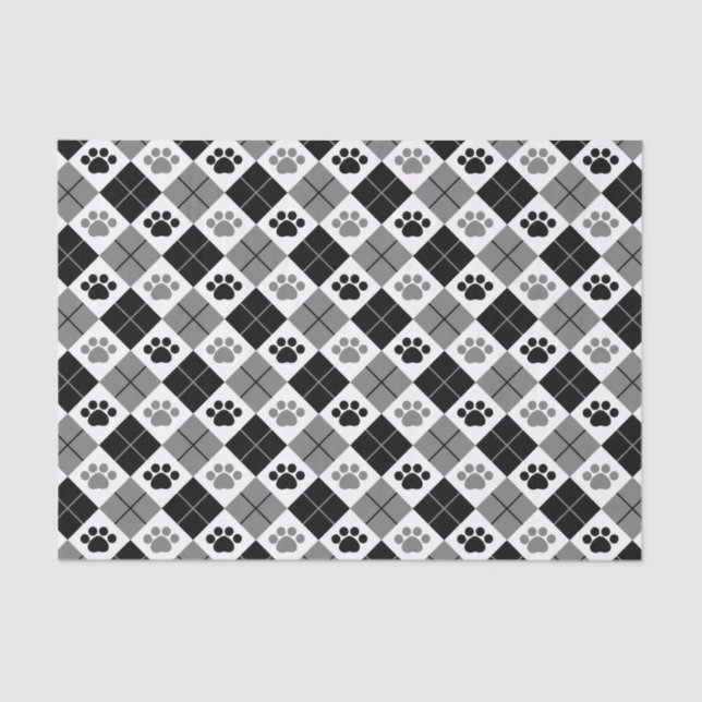Black and Grey Argyle Paw Print Pattern Tissue Paper (Front)