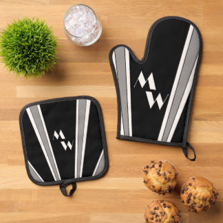 Black And Grey Art Deco Design Monogrammed Oven Mitt & Pot Holder Set