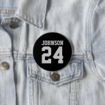 Black and Grey Athlete Name Jersey Number 7.5 Cm Round Badge<br><div class="desc">Cheer on your favourite sports team, football player or just show off your school pride with a custom personalised spirit button! Add your school name or personalise with a player's name and jersey number. Perfect for football, basketball, baseball and soccer games! Create custom pins for the whole team, cheerleaders, parents...</div>