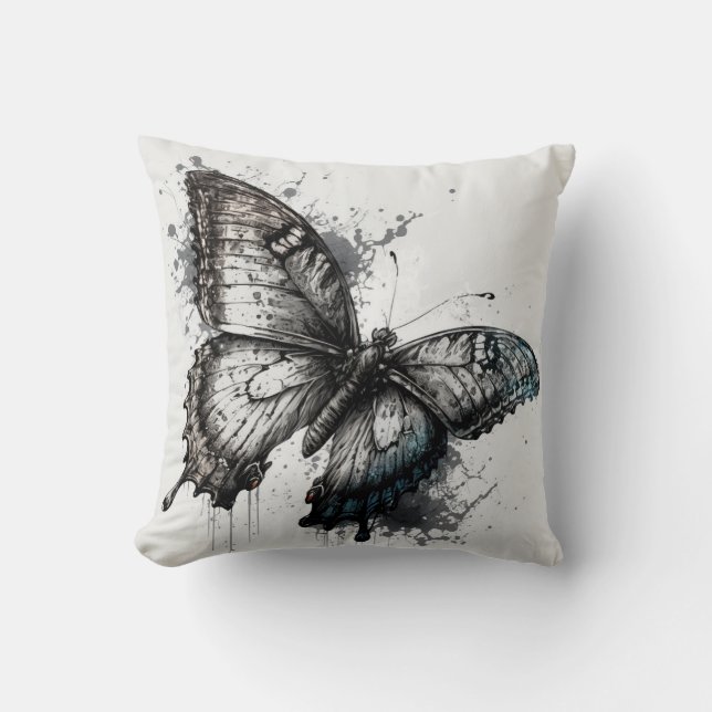 Black and Grey Butterfly Throw Pillow (Front)