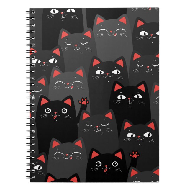 Black and grey Cats. Cartoon seamless pattern. Vin Notebook (Front)