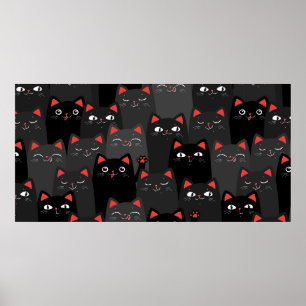 Black and grey Cats. Cartoon seamless pattern. Vin Poster