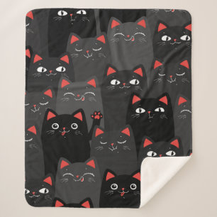 Black and grey Cats. Cartoon seamless pattern. Vin Sherpa Blanket