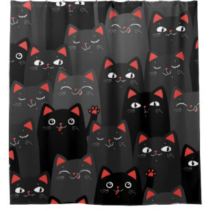 Black and grey Cats. Cartoon seamless pattern. Vin Shower Curtain