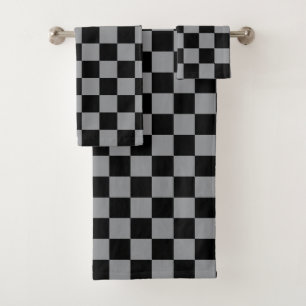 Black and Grey Chequered Print Bath Towel Set