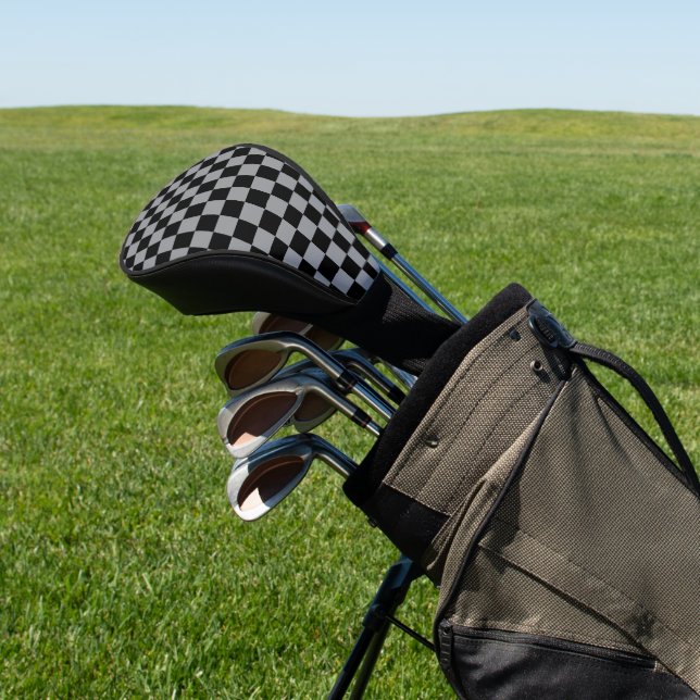 Black and Grey Chequered Print Golf Head Cover (In Situ)