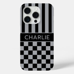 Black and Grey Chequered Striped Personalised iPhone 15 Pro Case