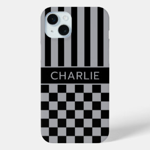 Black and Grey Chequered Striped Personalised iPhone 15 Mini Case