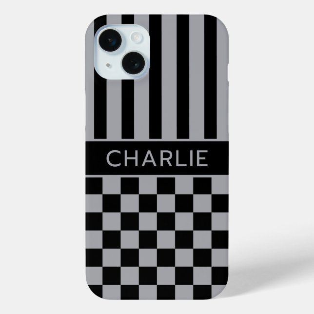 Black and Grey Chequered Striped Personalised Case-Mate iPhone Case (Back)
