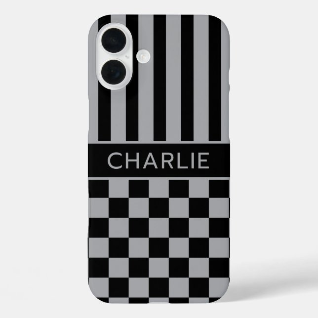 Black and Grey Chequered Striped Personalised Case-Mate iPhone Case (Back)