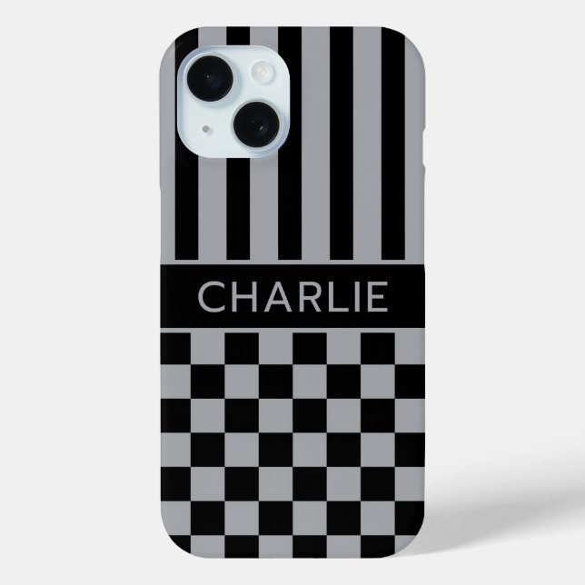 Black and Grey Chequered Striped Personalised Case-Mate iPhone Case (Back)