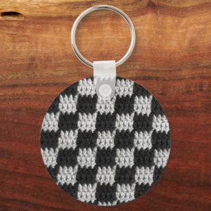 Black and Grey Chessboard Squares Crochet Print on Key Ring