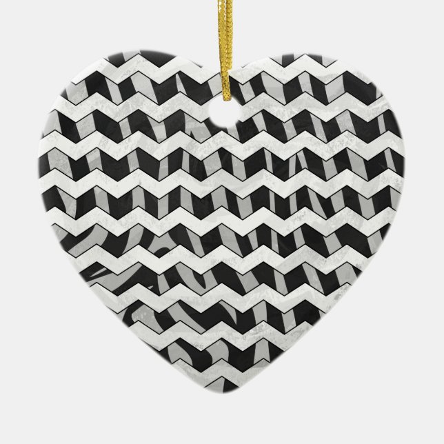 Black and Grey Chevron Zebra pattern Ceramic Tree Decoration (Front)