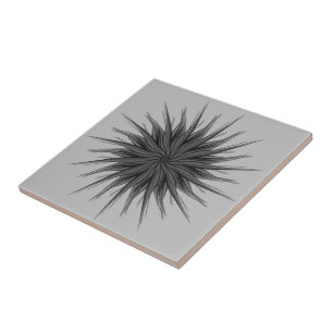 Black And Grey Circular Spray Of Feathered Leaves  Tile