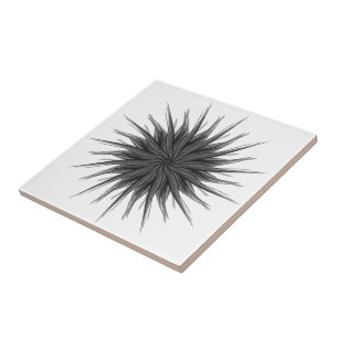 Black And Grey Circular Spray Of Feathered Leaves  Tile