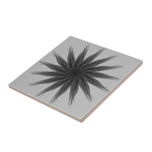 Black And Grey Circular Spray Of Feathered Leaves  Tile