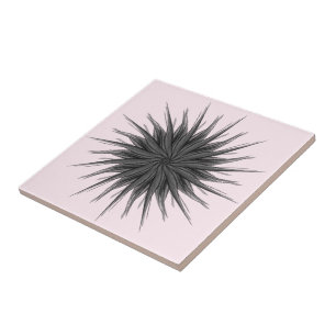 Black And Grey Circular Spray Of Feathered Leaves  Tile