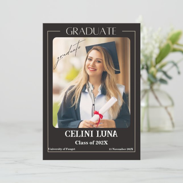 Black And Grey Classic Photo Graduation Announceme Invitation (Standing Front)