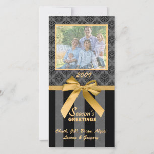 Black And Grey Damask Gold Ribbon Photo Card