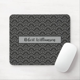 Black and Grey Damask Monogrammed Mouse Mat