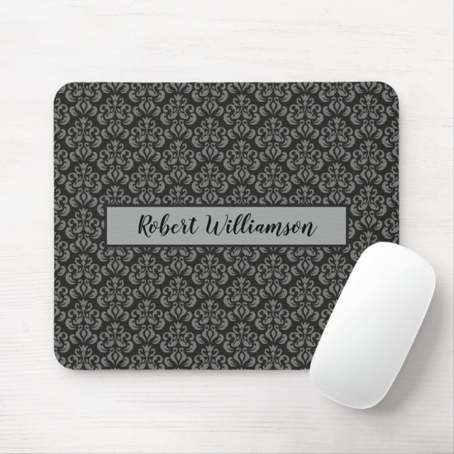 Black and Grey Damask Monogrammed Mouse Mat (With Mouse)