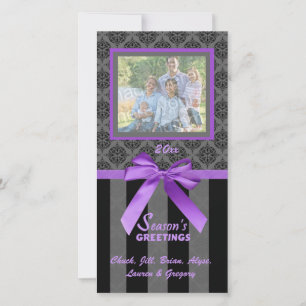 Black And Grey Damask Purple Ribbon Photo Card