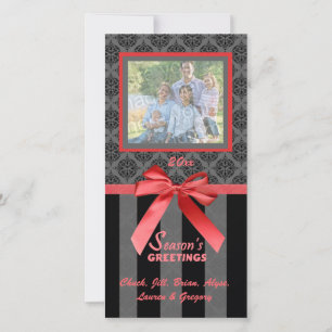 Black And Grey Damask Red Ribbon Photo Card