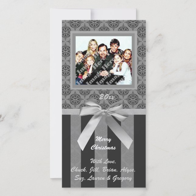 Black And Grey Damask Silver Ribbon Photo Card (Front)