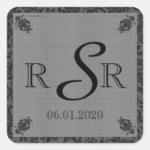 Black and Grey Damask Wedding Monogram Square Sticker