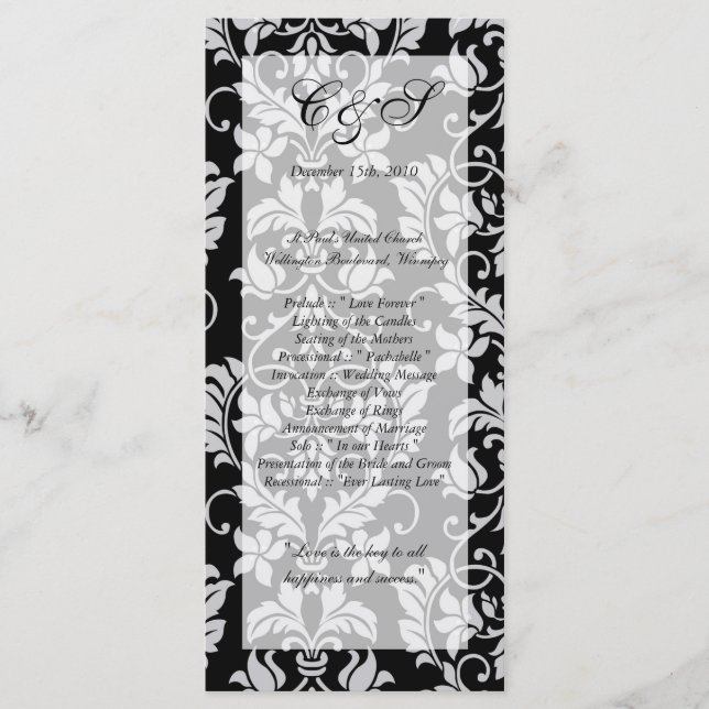 Black and Grey Damask Wedding Programs Programme (Front)