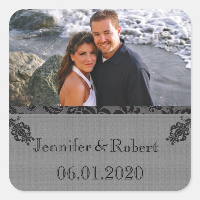Black and Grey Damask Wedding Square Sticker (Front)