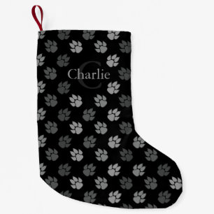 Black And Grey Dog Paws With Monogram And Name Small Christmas Stocking