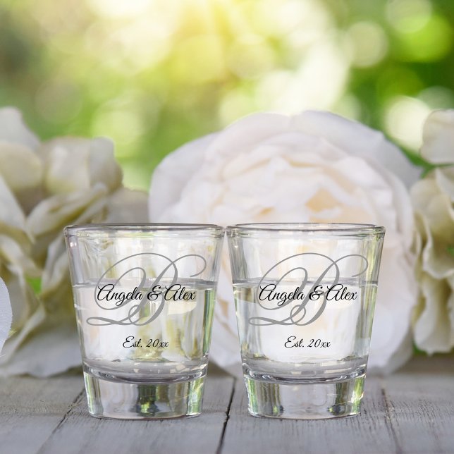 Black and Grey Fancy Script Monogrammed Shot Glass (Black and Gray Fancy Script Monogrammed Shot Glass)
