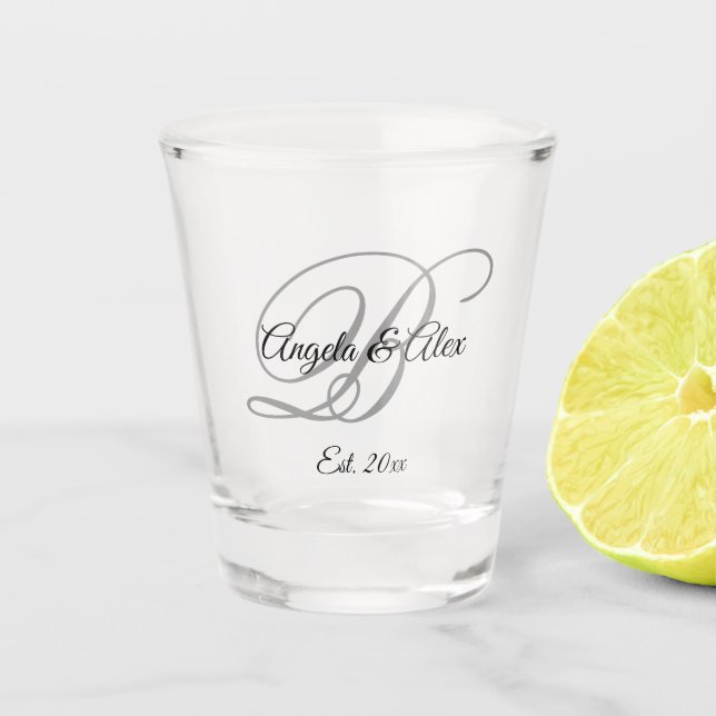 Black and Grey Fancy Script Monogrammed Shot Glass (Front)