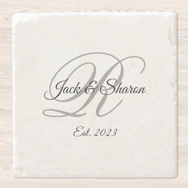Black and Grey Fancy Script Monogrammed Stone Coaster (Creator Uploaded)