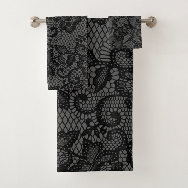 Black And Grey Faux Lace  Bath Towel Set (Insitu)