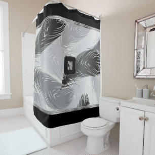 Black and Grey Feather Pattern with Monogram Shower Curtain