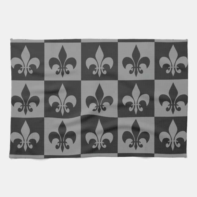 Black and Grey Fleur de lis Tea Towel (Horizontal)