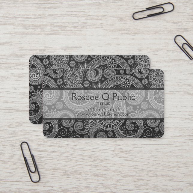Black and Grey Floral DAMASK Pattern Business Card (Front/Back In Situ)