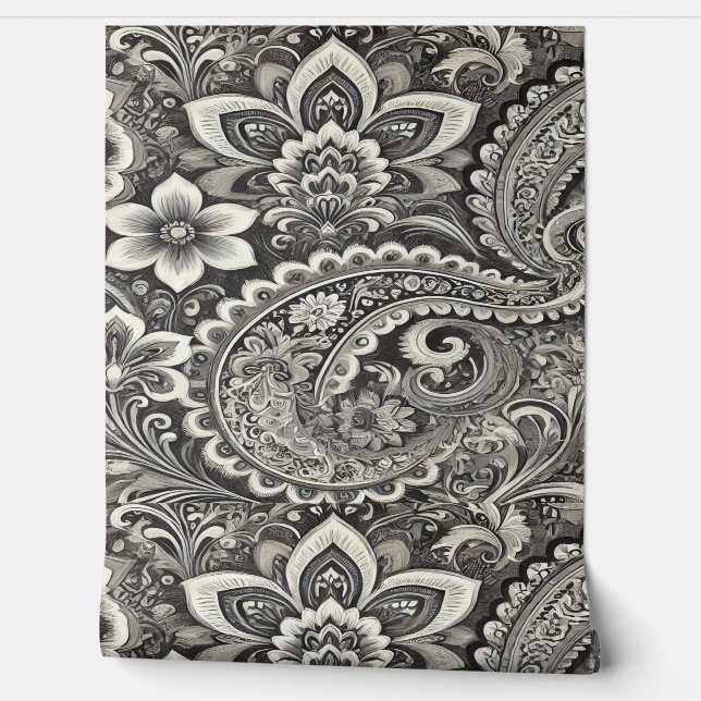 Black and Grey Floral Paisley Pattern Wallpaper (Unrolling)