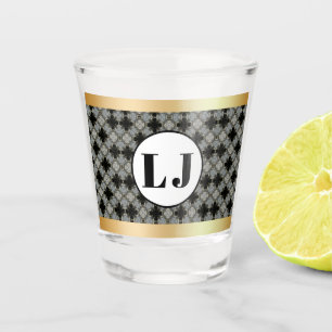 Black And Grey Floral Pattern With Monogram Shot Glass