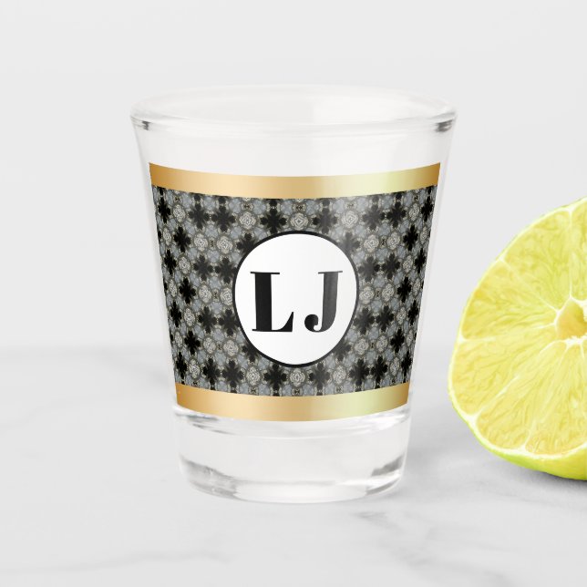 Black And Grey Floral Pattern With Monogram Shot Glass (Front)