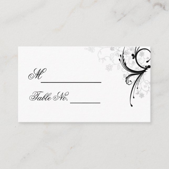 Black and Grey Floral Scroll Wedding Place Card (Front)