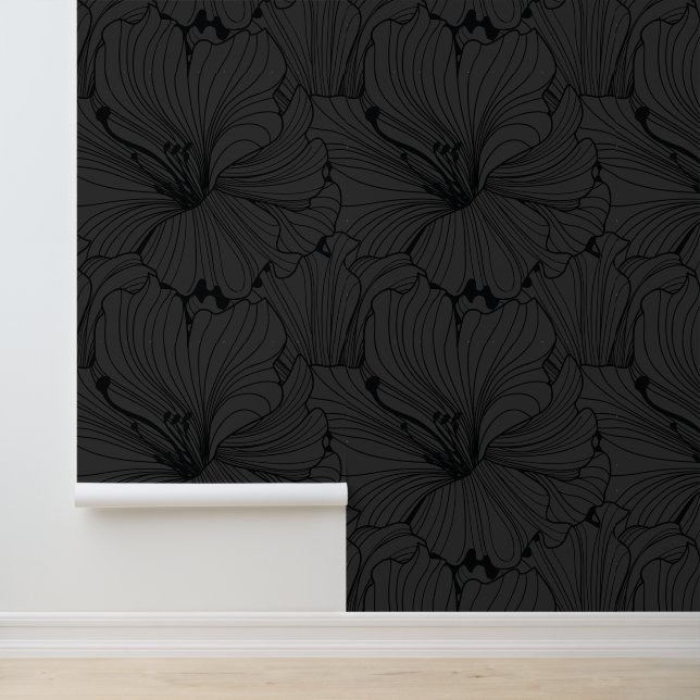 Black and grey floral tile pattern wallpaper (Application)