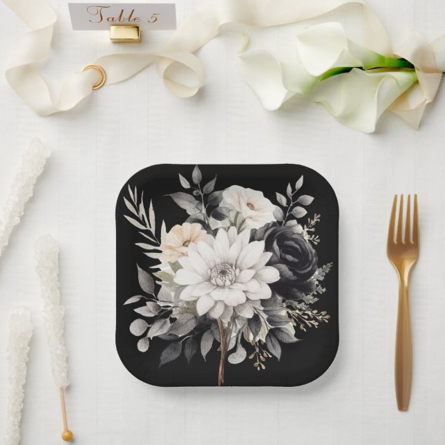 Black and Grey Flowers  Paper Plate (Wedding)