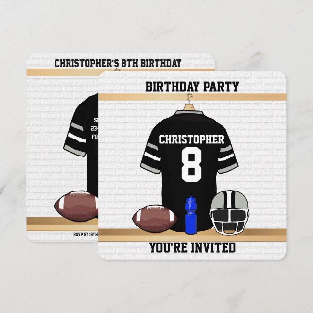 Black and Grey Football Jersey Birthday Party Invitation (Front/Back)