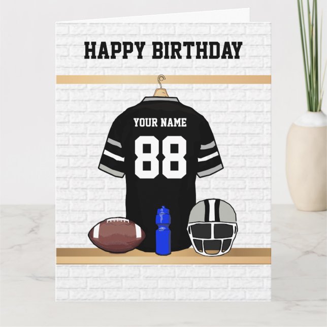 Black and Grey Football Jersey Happy Birthday Card (Front)