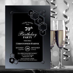 Black and Grey Geometric 70th Birthday Party Invitation